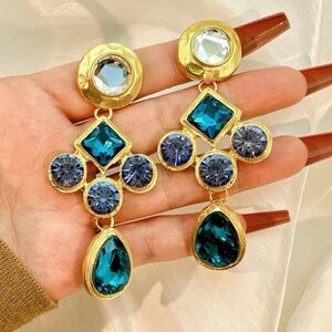 Ocean Blue Crystal Gemstone Chandelier Gold Plated Statement Earrings